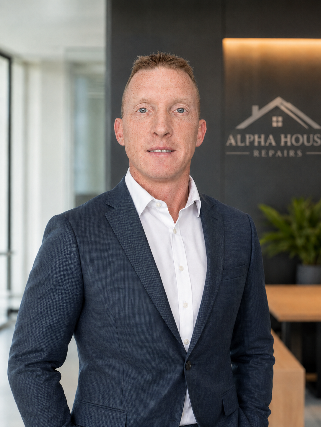 Director of Alpha House Repairs standing outside a stone building